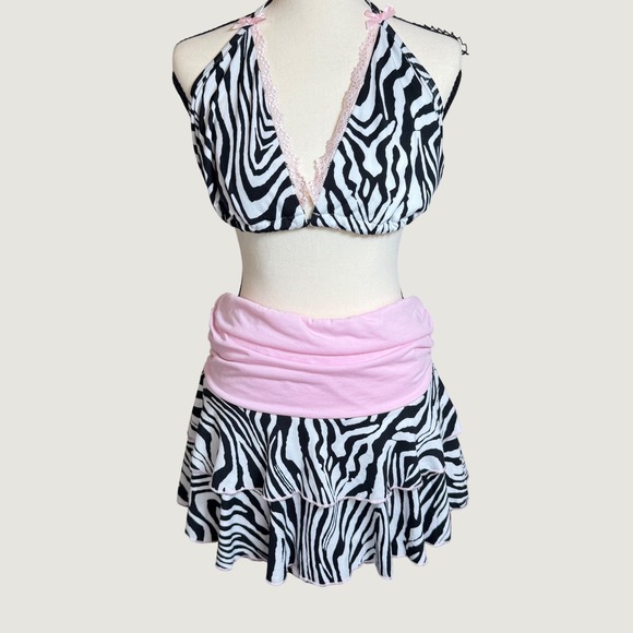 ROMWE Dresses & Skirts - Romwe Zebra Halter Skirt Set Womens 1XL Pink NEW Y2K Ruffle Lace Trim